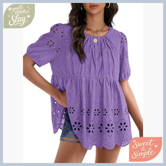 Loose Fit Babydoll Top Embroidered Eyelet Summer Blouse Short Sleeve - Picture 5 of 5